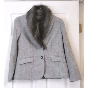 Talbots Women's Gray Faux Fur Trim Removable Wool Blend Lined Blazer Sz 6P NWOT